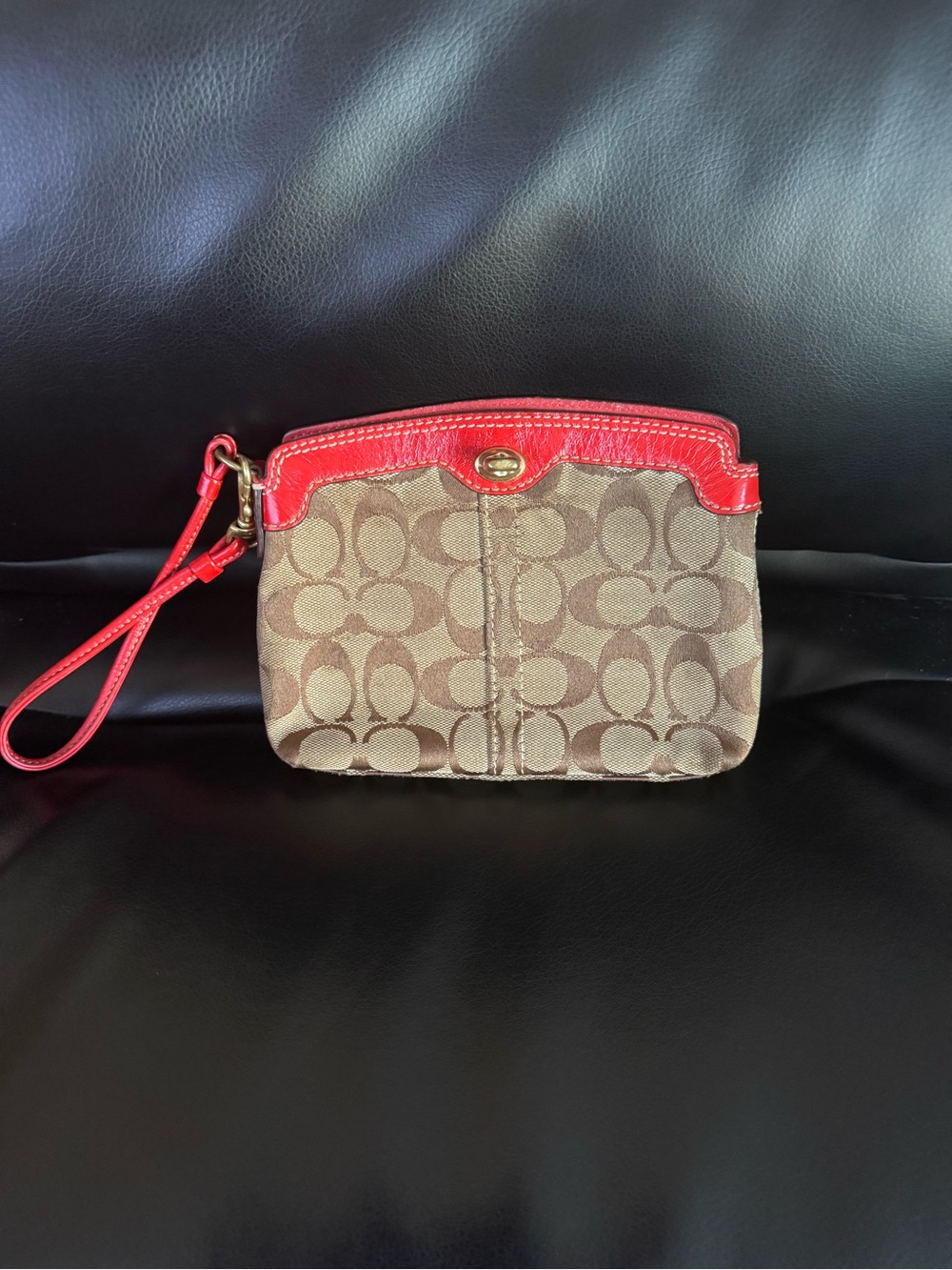 Coach Brown Signature Canvas Wristlet with Red Trim